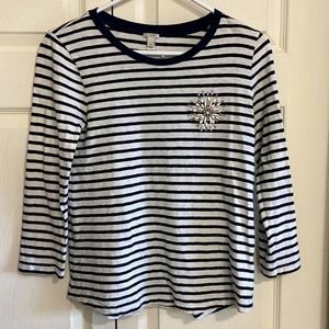 J. Crew Striped Embellished Top with Jeweled Brooch Accent - 3/4 sleeves - Small
